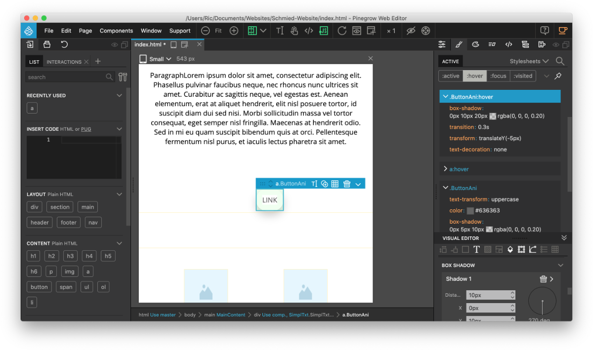 Fortgeschrittene animierte Hover Animation eines Links in Pinegrow