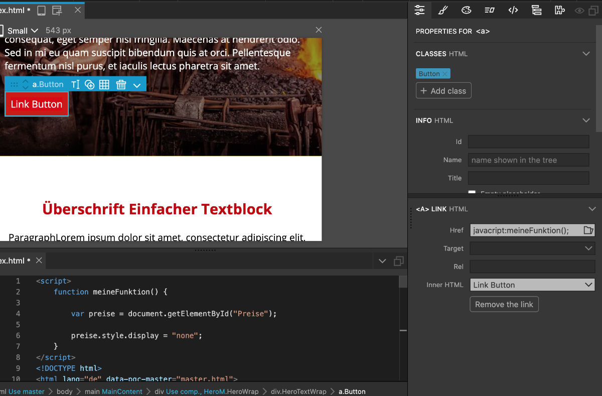 Javascript per Link in Pinegrow starten