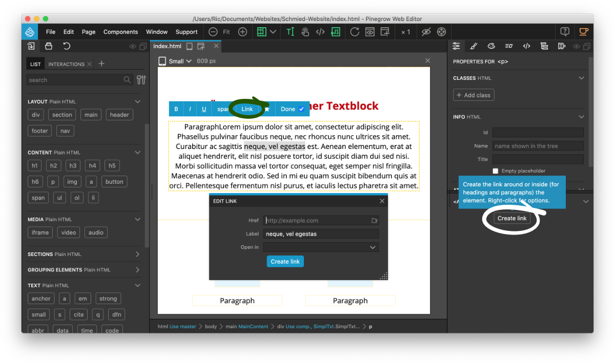 Link in Pinegrow hinzufügen Texte und Bilder in Pinegrow verlinken