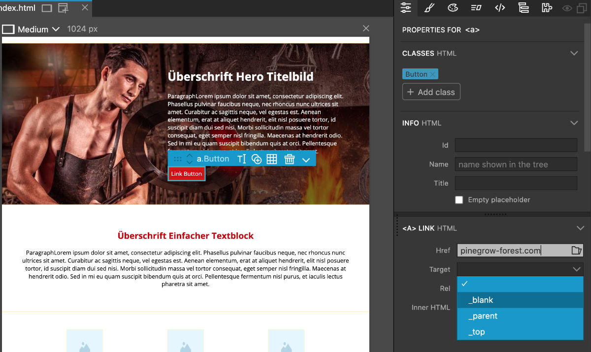 Link in neuem Browser-Fenster öffnen Link mit Pinegrow in neuem Browser-Tab oder Fenster öffnen