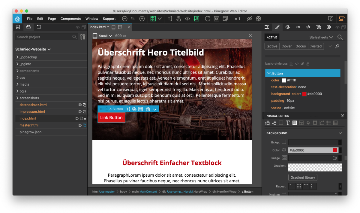 Button in Pinegrow gestalten Links und Buttons in Pinegrow im Style-Tab gestalten