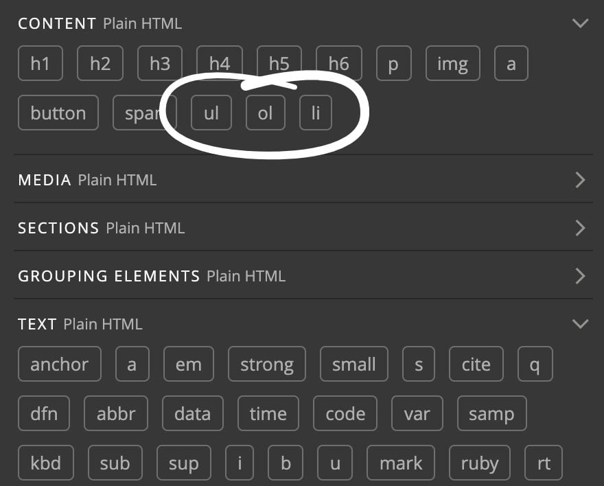HTML Listenelemente in Pinegrow Listen-Elemente in Pinegrow nutzen