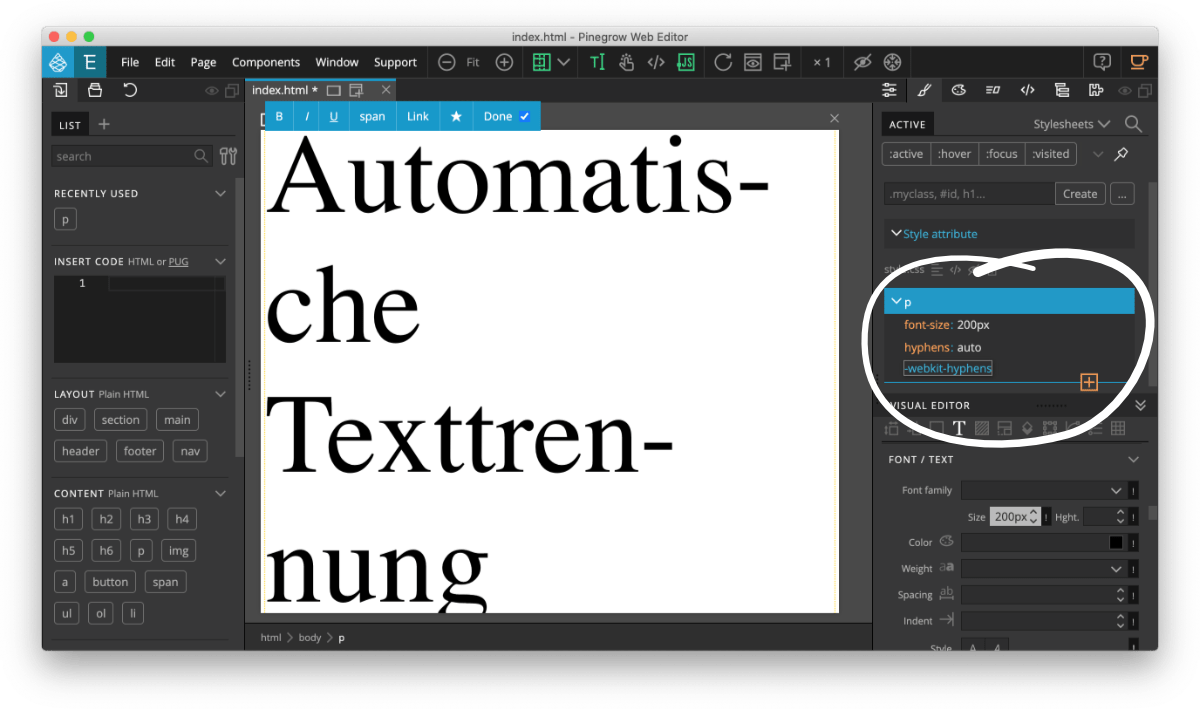 Automatische Worttrennung in Pinegrow Automatische Silbentrennung in Pinegrow durch die CSS-Eigenschaft hyphens:auto
