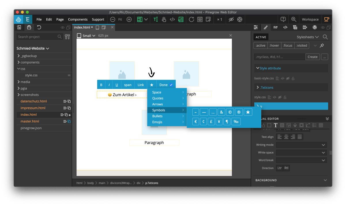 Symbole, Sonderzeichen und Emojis in Website Symbole, Sonderzeichen und Emojis auf der Website in Pinegrow verwenden