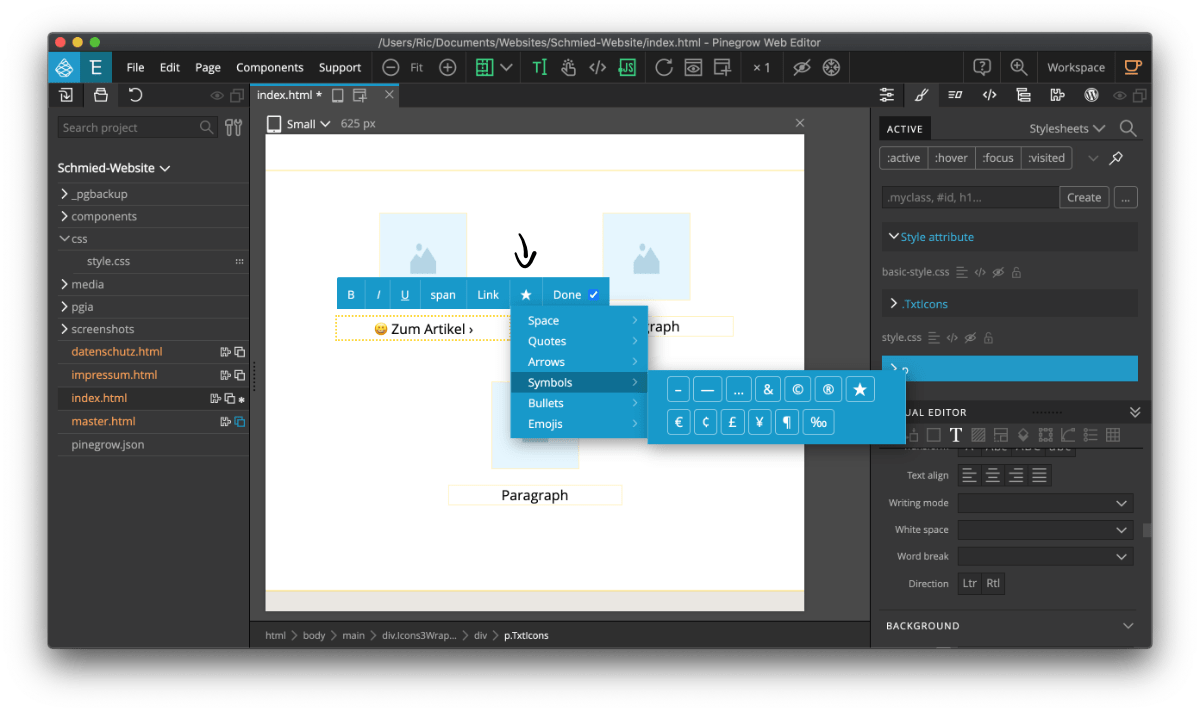 Symbole, Sonderzeichen und Emojis auf der Website in Pinegrow verwenden