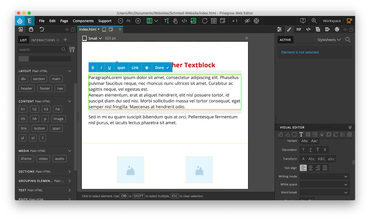 Text-Bearbeitungsmodus in Pinegrow