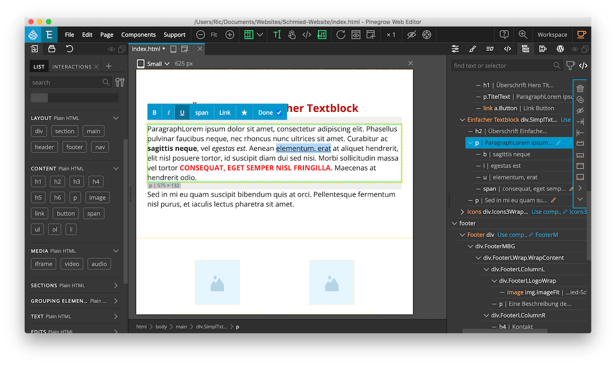 Text in Pinegrow formatieren Einen Text in Pinegrow formatieren und stylen: Fett, kursiv, unterstrichen uvm.