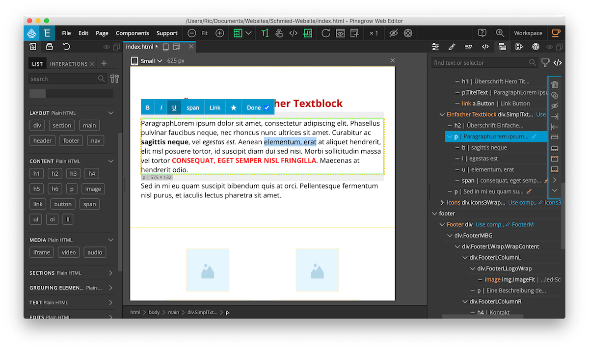 Einen Text in Pinegrow formatieren und stylen: Fett, kursiv, unterstrichen uvm.