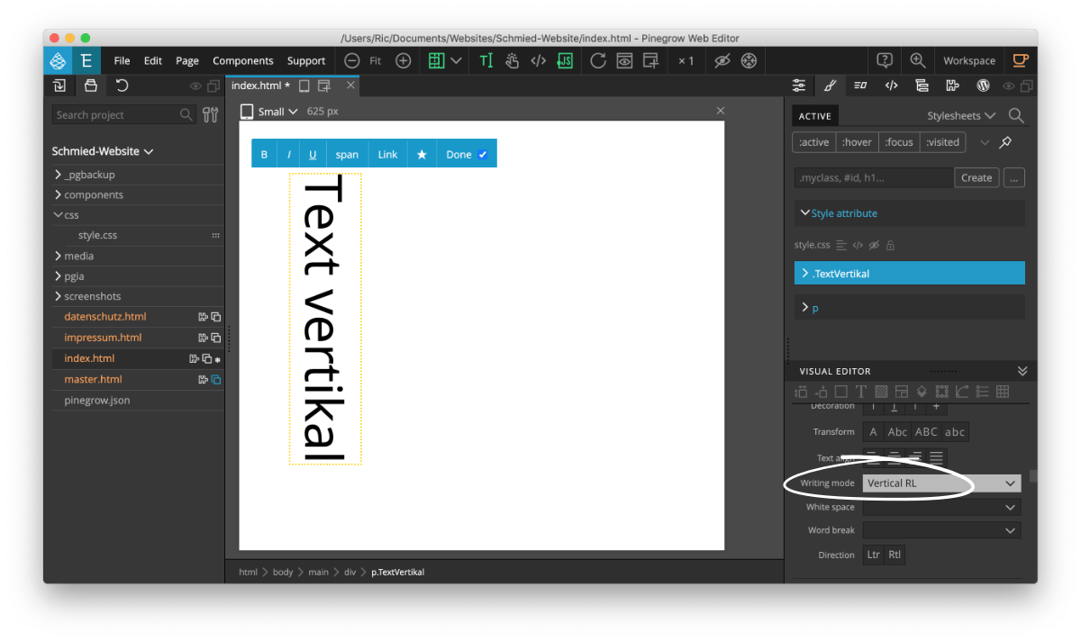 Schrift in Pinegrow mit Writing mode: Vertical RL vertikal schreiben