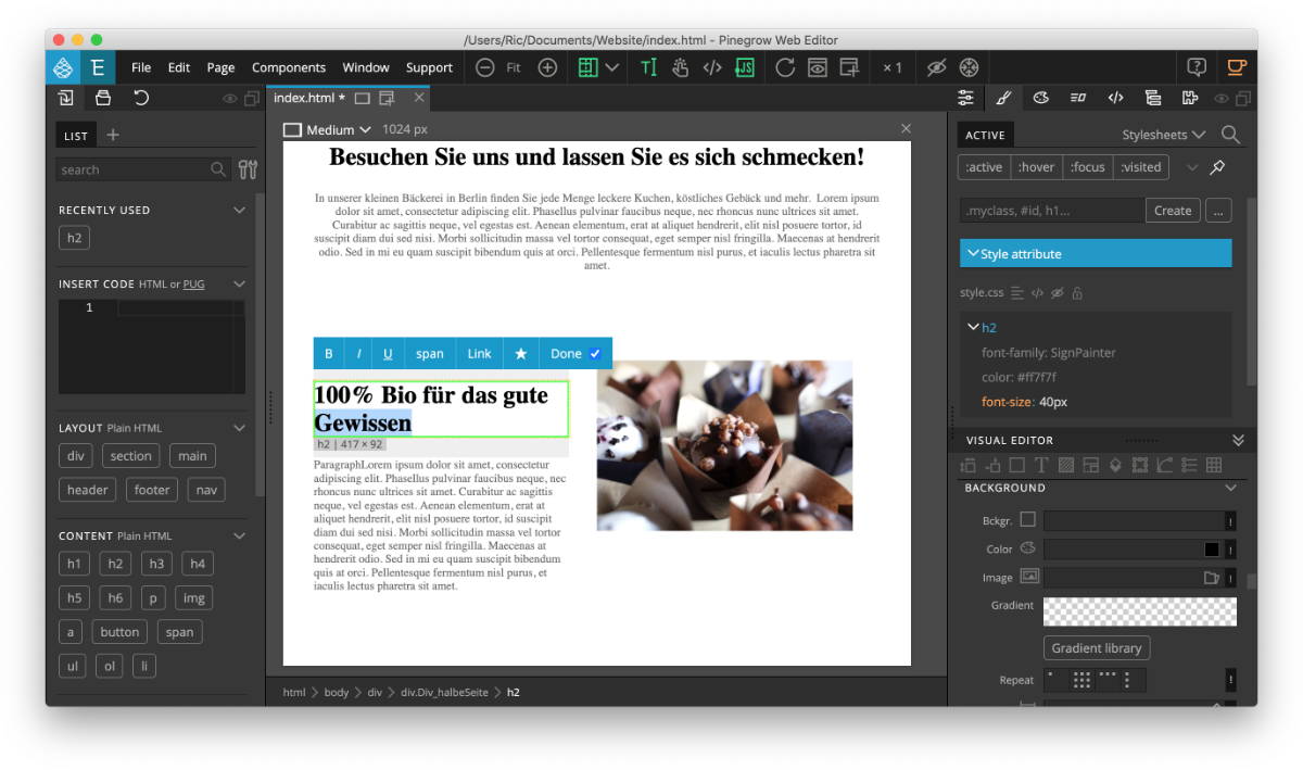 Überschrift in Pinegrow bearbeiten Text-Bearbeitungsmodus in Pinegrow für Überschriften