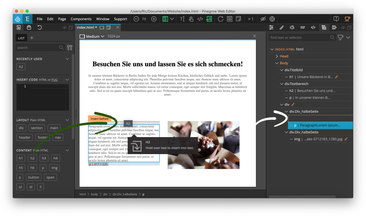 Überschrift auf Website ziehen Eine Überschrift in Pinegrow auf die Website ziehen