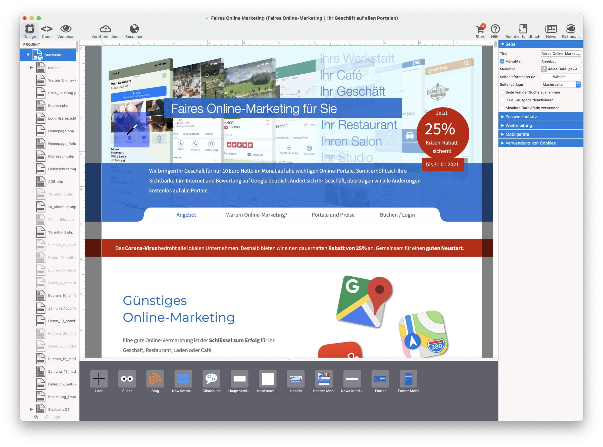 Goldfish Website Projekt Eine Website zur Erstellung in Goldfish auf dem Mac geöffnet