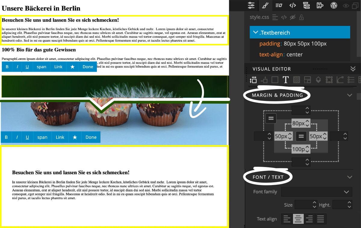 Set spacing (margin & padding) and text (alignment, font etc.) of a website in Pinegrow