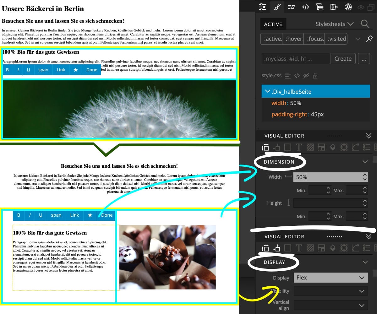 Arrange div block side by side with display:flex in pinegrow