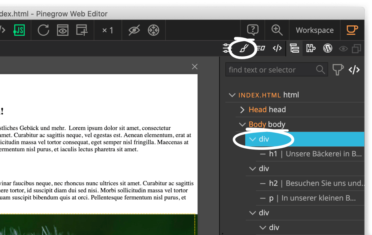 Style Tab in Pinegrow öffnen HTML-Element (z.B. Div-Block) auswählen und Style Tab zum gestalten mit CSS in Pinegrow öffnen