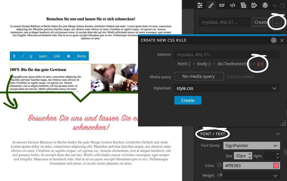 Schriftarten in Pinegrow ändern Schriftart, Schriftfarbe und mehr für alle Textfelder (p) auf der Website in Pinegrow ändern