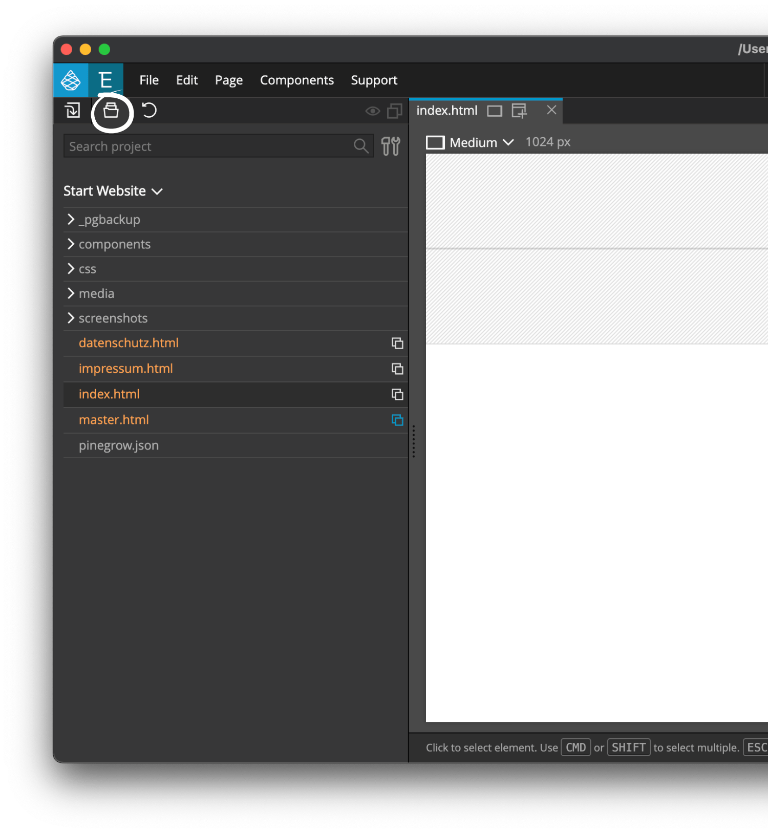 Pinegrow-Sidebare-Project Pinegrow left sidebar: Project tab with all pages and subpages of your website - Pinegrow-Forest