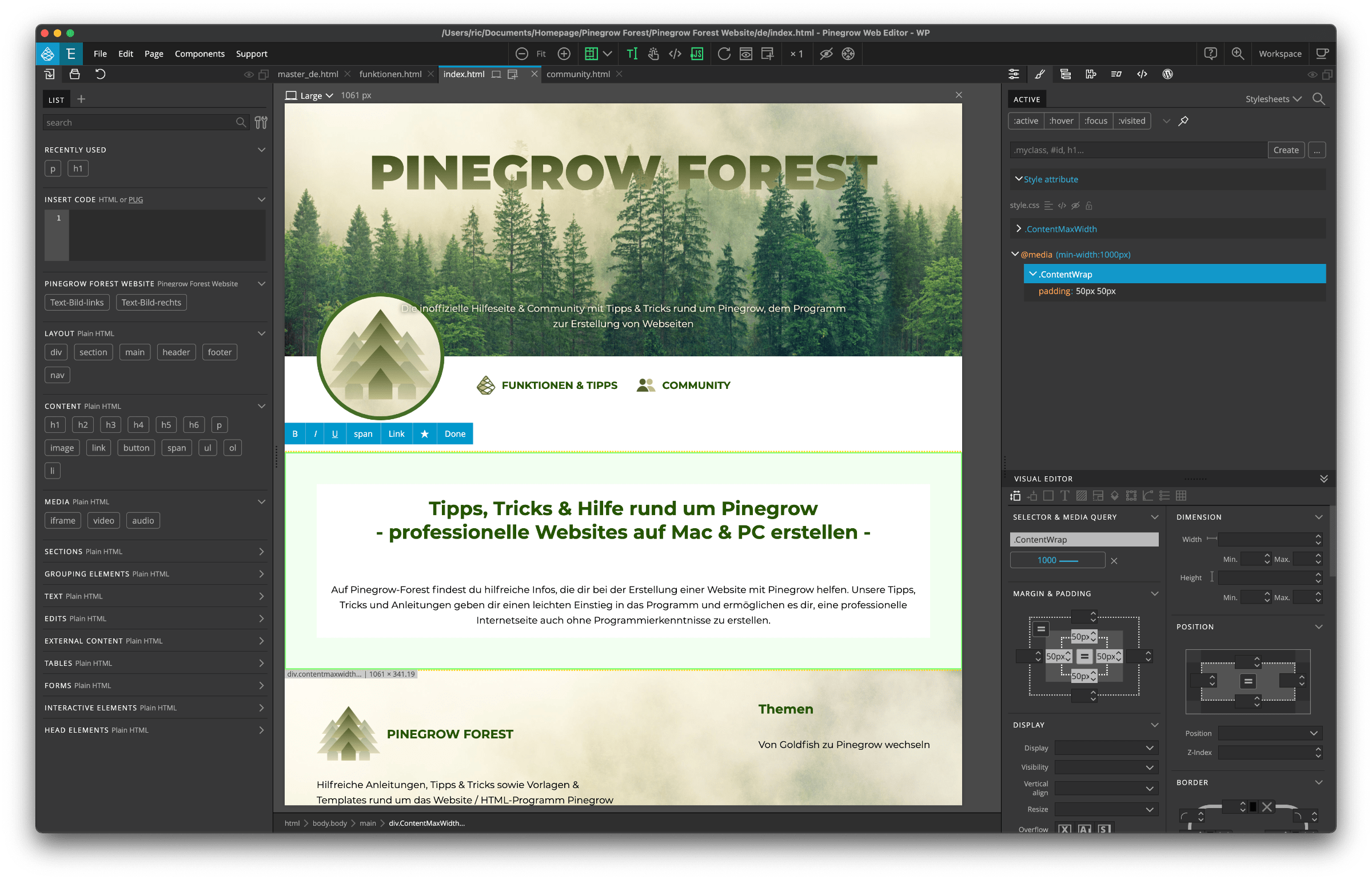 Pinegrow - Das Programm zur Erstellung von Webseiten für Profis mit geöffnetem Pinegrow Forest Projekt