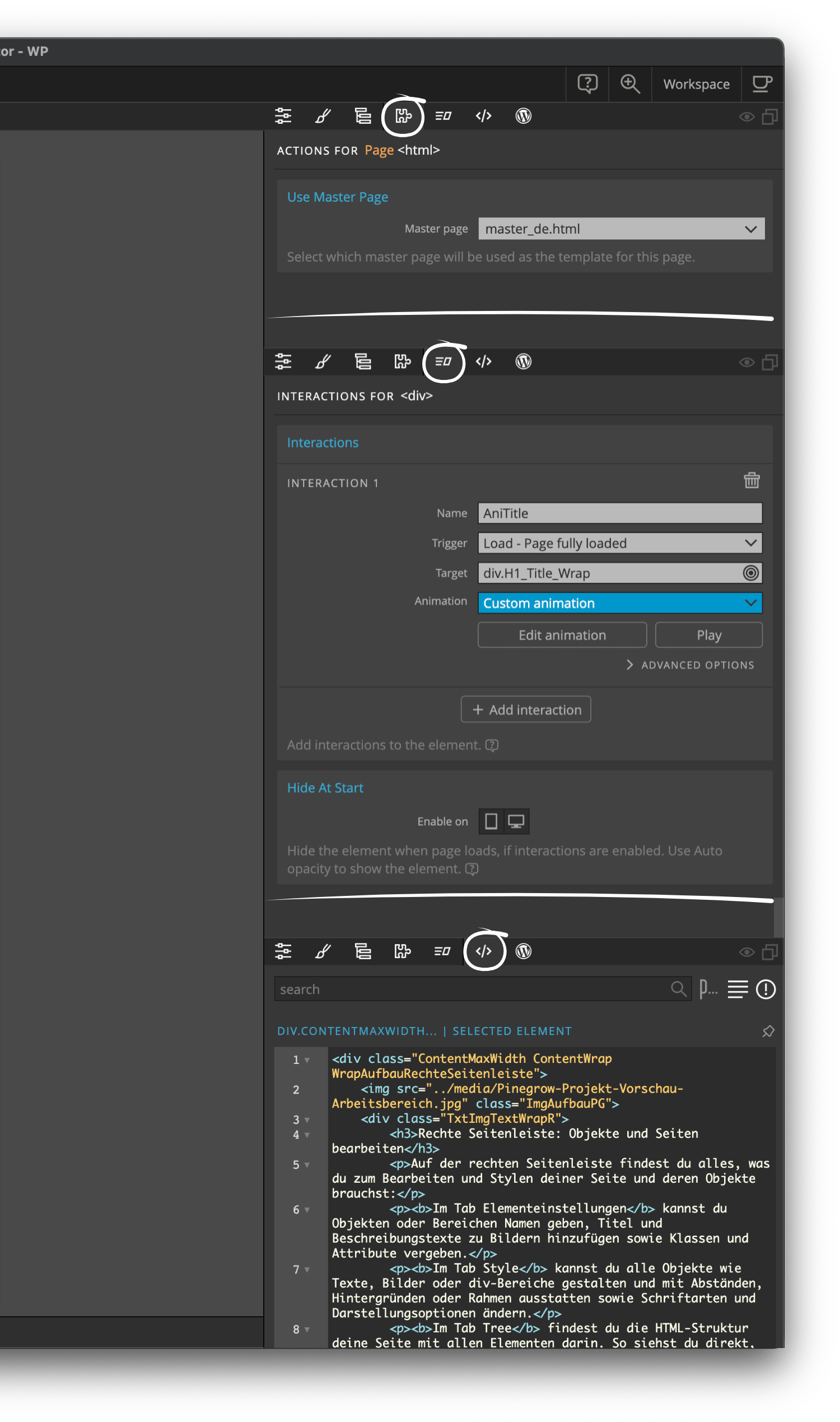 Pinegrow-Actions-Interactions-Code Right sidebar: Actions, interactions and element code of your website - Pinegrow-Forest