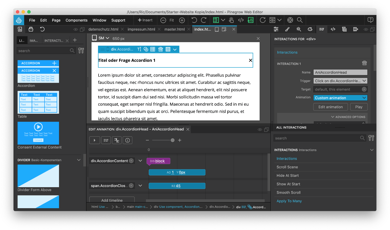 Animation beim Block Accordion Block Accordion animiert mit Pinegrow Interactions