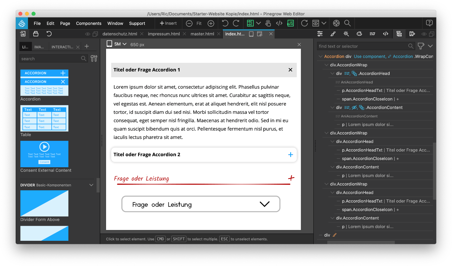 Akkordion Variationen Block Akkordion kann in Pinegrow vielfältig gestaltet werden