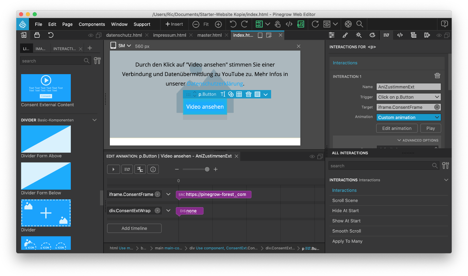 Block Consent Animation Block Consent External Content mit Animation in Pinegrow Interaction
