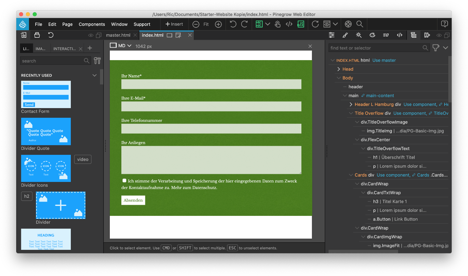 Contact Form Variationen Block Contact Form kann in Pinegrow vielfältig gestaltet werden