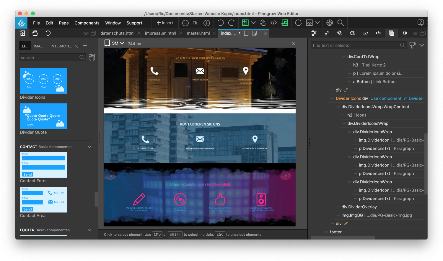 Divider Icons Variationen Block Divider Icons kann in Pinegrow vielfältig gestaltet werden