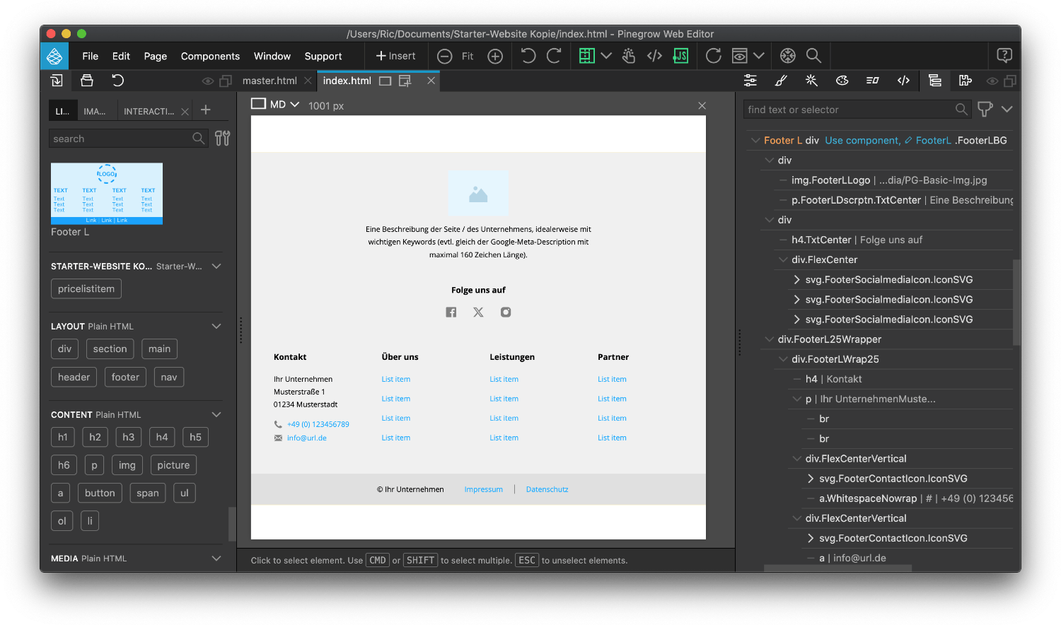 Block Footer L Aufbau in Pinegrow