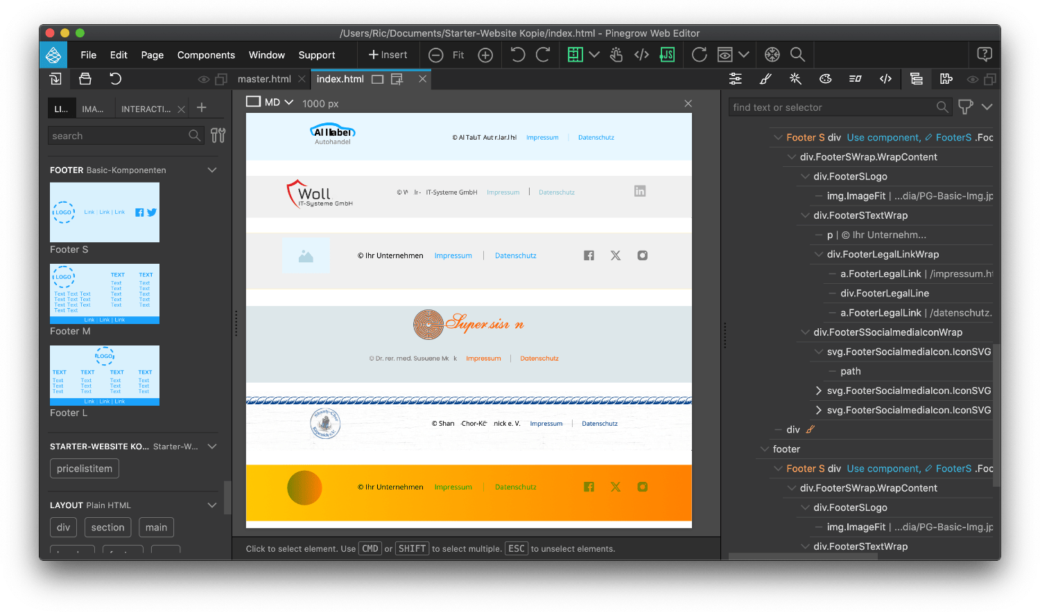 Block Footer S kann in Pinegrow vielfältig gestaltet werden