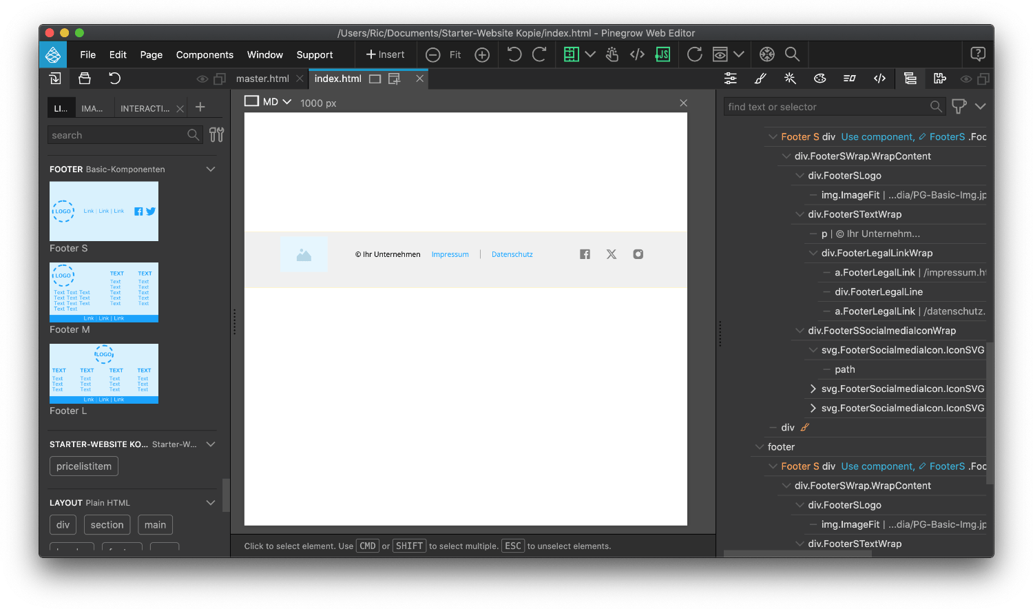Block Footer S Aufbau in Pinegrow