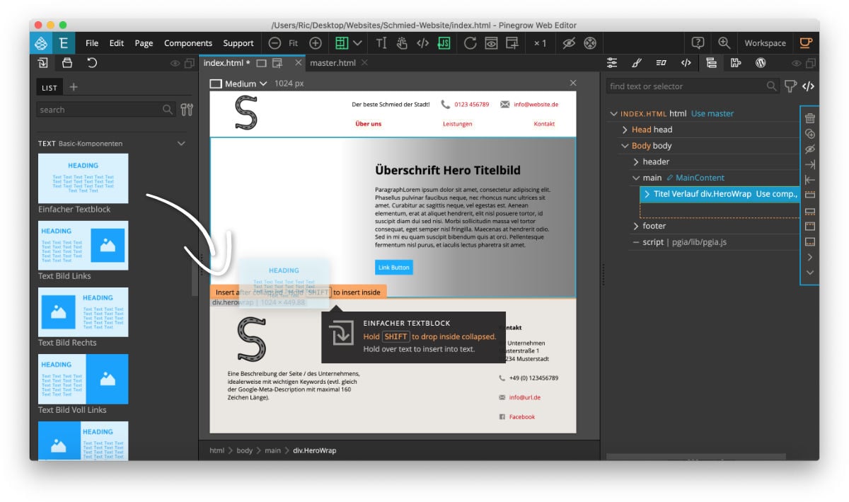 Vorgefertige Komponente auf die Website ziehen Vorgefertigte HTML Komponente auf die Website in Pinegrow ziehen