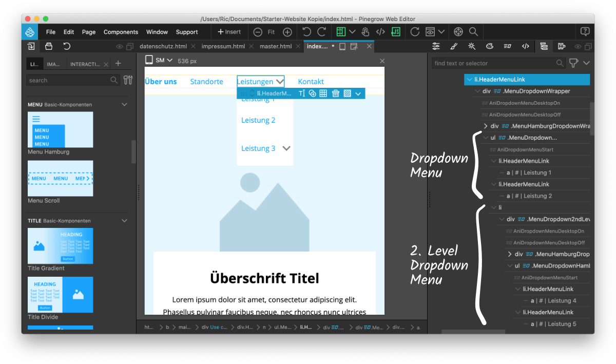 Menu Hamburg Dropdown Dropdown-Menu kann in Pinegrow vielfältig gestaltet werden
