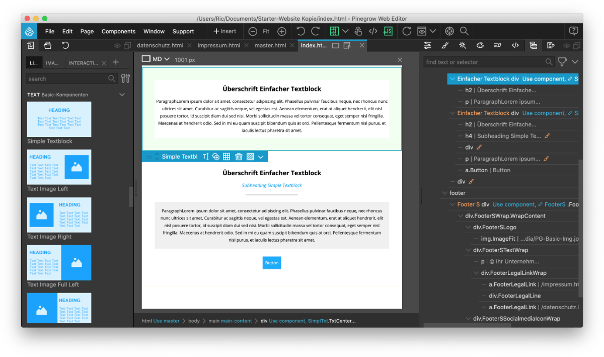 Simple Textblock Variationen Block Simple Textblock kann in Pinegrow vielfältig gestaltet werden