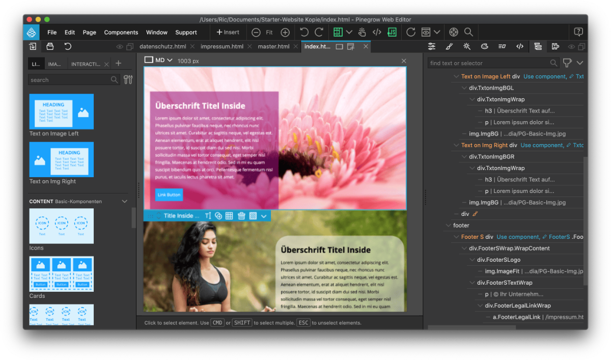 Text on Image Variationen Block Text on Image kann in Pinegrow vielfältig gestaltet werden