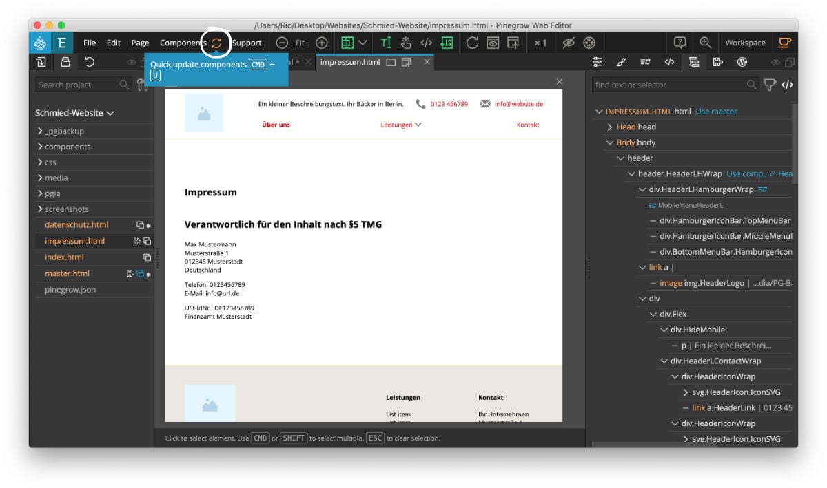 Mit Update Components in Pinegrow Änderungen der Masterseite auf alle Seiten anwenden