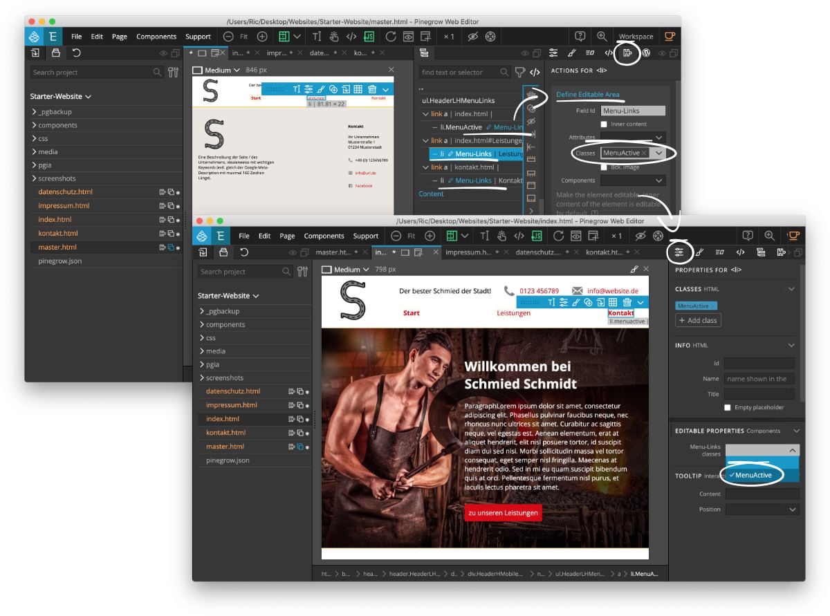Editierbare Menüpunkte auf einer Masterseite mit Pinegrow erstellen