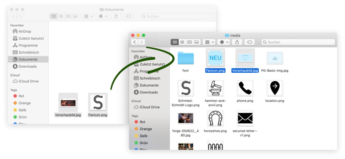 Eigenes Favicon und Vorschaubild in Website einbauen Eigenes Favicon und Vorschaubild in den Website-Ordner in Pinegrow mit dem Starterprojekt ziehen