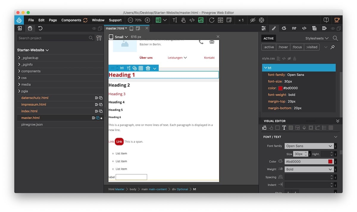 HTML-Elemente auf der Masterseite gestalten HTML-Elemente auf der Masterseite in Pinegrow schnell und übersichtlich stylen