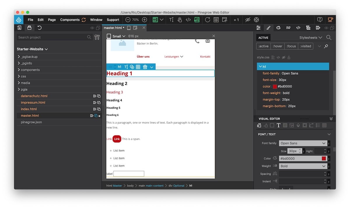 HTML-Elemente auf der Masterseite in Pinegrow schnell und übersichtlich stylen
