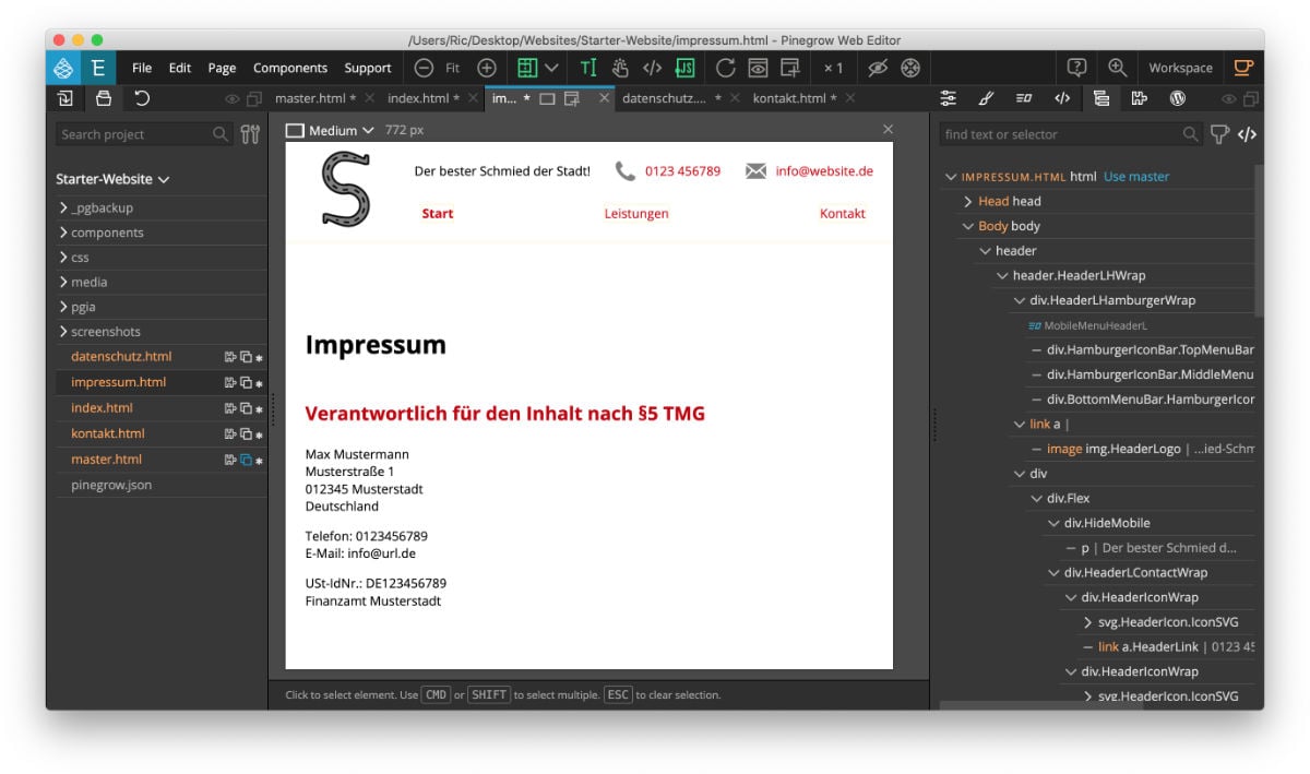 Impressum und Datenschutzerklärung im Starterprojekt für Pinegrow bereits vorbereitet