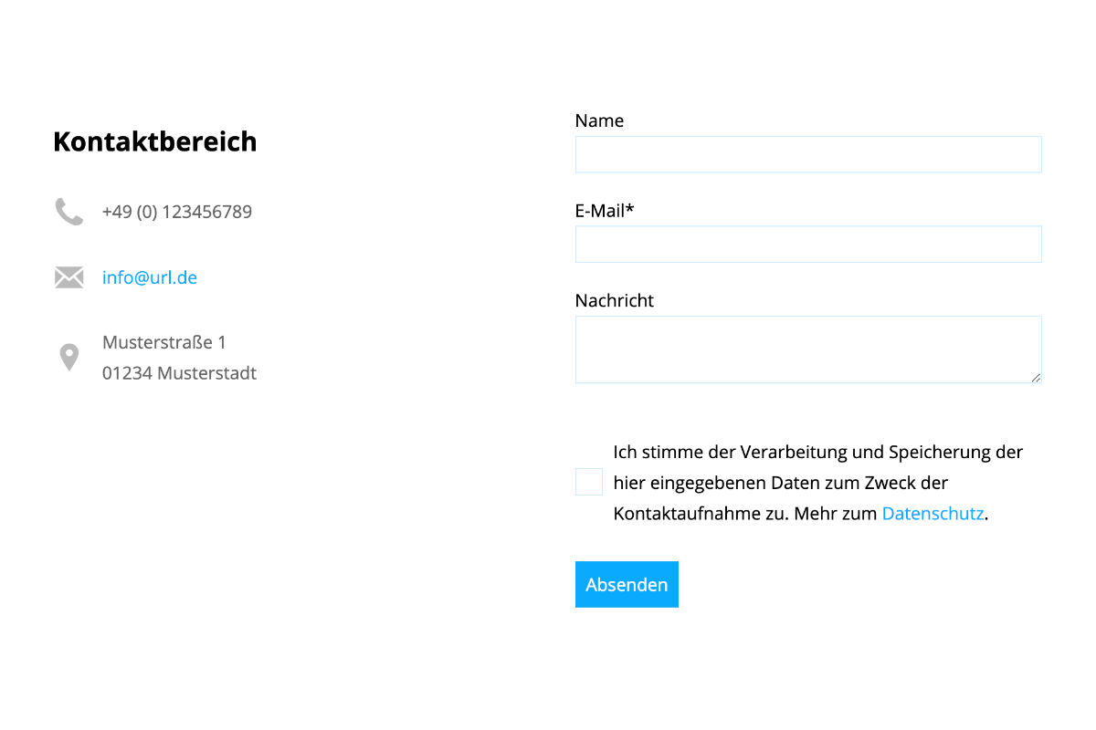 Kontaktbereich mit Kontaktinfos, Telefonnummer und Formular - Pinegrow Forest Basic Komponente