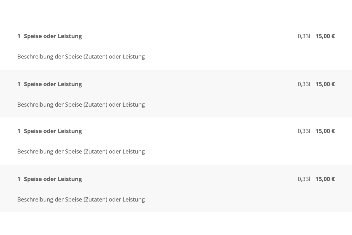 Preisliste - Individualisierbare Speisekarte - Pinegrow Forest Basic Komponente