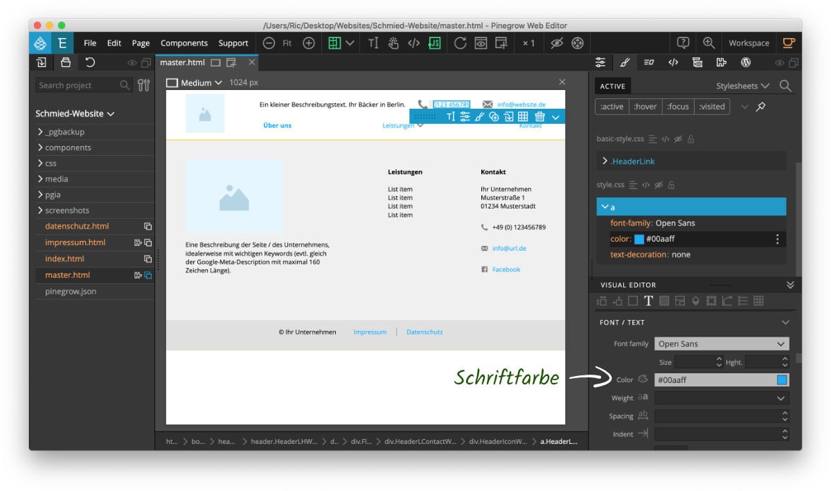 Gestaltung von Header und Footer im Starterprojekt